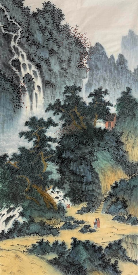 Whispering Cliffs: Cabin Contemplating the Falls (Liu Caixia) Semi-Xieyi Style Shanshui Painting 54.3" x 26.8"(in)