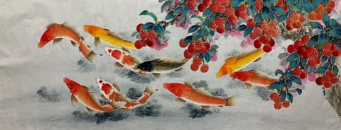 Nine Prosperous Koi Beneath Bountiful Lychees: A Symphony of Abundance (Song Weiping) Gongbi Style Animal Painting 70.9" x 27.6"