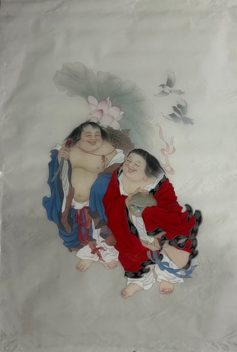 Harmonic Offerings: Twin Child Guardians with Lotus and Golden Carp (Xu Mengzhou) Gongbi Style Figure Painting 54.3" x 26.8"(in)