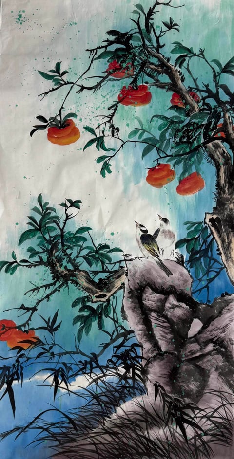 Vermilion Harvest Duet (Zheng Xuemei) Semi-Xieyi Style Flower-and-Bird Painting 54.3" x 26.8"(in)