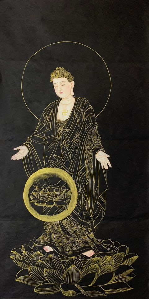 Golden Radiance: The Enlightened One on Lotus Throne (Kong Xiangyi) Gongbi Style Figure Painting 54.3" x 26.8"