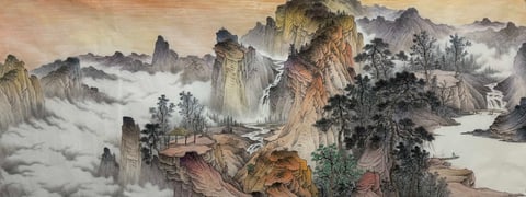 Dusk-Lit Peaks and Drifting Mist (Zhou Zihan) Semi-Xieyi Style Shanshui Painting 70.9" x 27.6"(in)