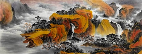 Cascade in Golden Veil (Qian Shihua) Semi-Xieyi Style Shanshui Painting 70.9" x 27.6"(in)