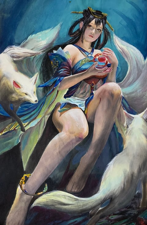 Qingqiu's Celestial Fox, Guardian of the Spirit Pearl (Jin Weidong) Gongbi Style Figure Painting 26.8" x 17.7"