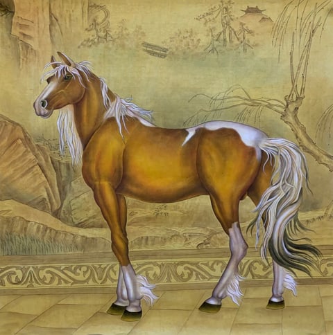 Golden Mane Gallant Steed Amidst Ancient Vistas (Yang Yuqi) Gongbi Style Animal Painting 26.8" x 26.8"
