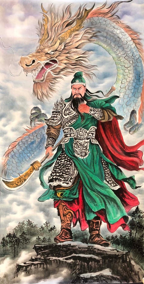 Divine Protector: Guan Yu with Celestial Dragon (Lu Haifeng) Gongbi Style Figure Painting 54.3" x 26.8"