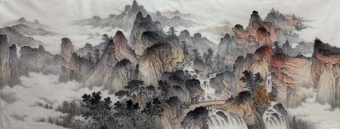 Crimson Peaks in Celestial Flow (Zhou Zihan) Semi-Xieyi Style Shanshui Painting 70.9" x 27.6"(in)
