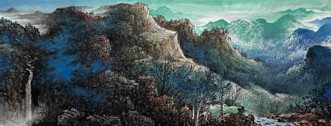 Whispers of Crimson Peaks (Wu Bufan) Semi-Xieyi Style Shanshui Painting 70.9" x 27.6"(in)