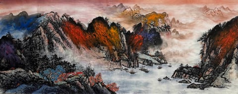 Chant of Autumn Peaks (Zhu Baolin) Semi-Xieyi Style Shanshui Painting 70.9" x 27.6"(in)