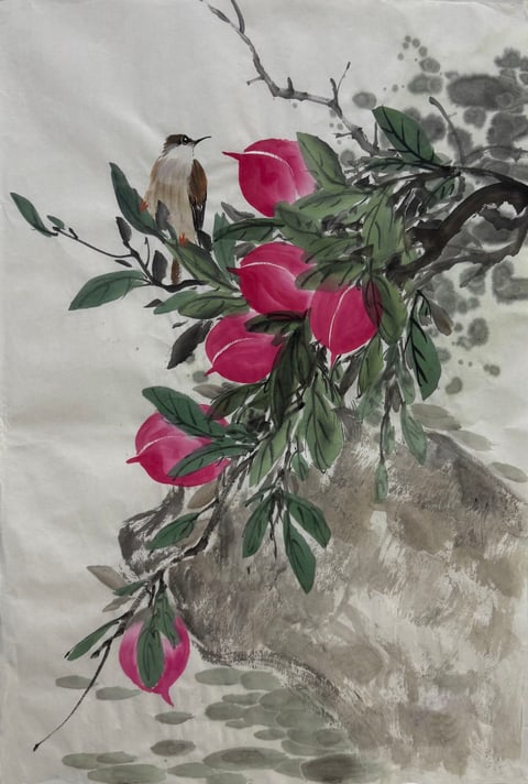 Spring's Grace on Peach Bough (Wu Yantian) Semi-Xieyi Style Flower-and-Bird Painting 26.8" x 17.7"(in)