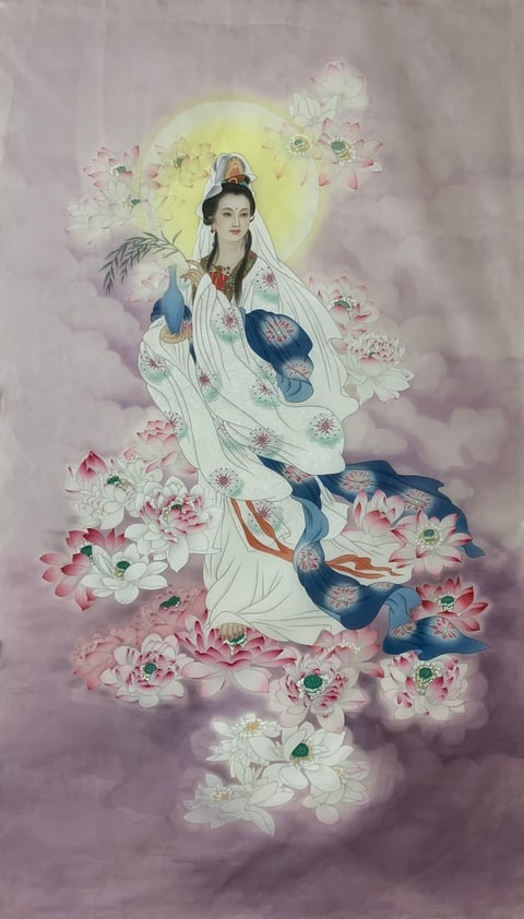 Guanyin of Compassionate Light amidst Lotus Pond (Feng Haibo) Gongbi Style Figure Painting 54.3" x 26.8"