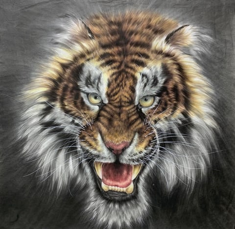 Roar of the Golden-Eyed Sovereign (Cao Jie) Gongbi Style Animal Painting 26.8" x 26.8"