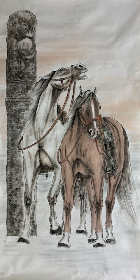 Gallant Steeds by the Ancient Guardian, Twin Horses of Prosperity (Hou Dong) Semi-Xieyi Style Animal Painting 54.3" x 26.8"