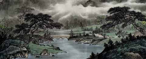 Echoes of Solitude in Pine Valley (Zhao Linjiang) Semi-Xieyi Style Shanshui Painting 70.9" x 27.6"(in)