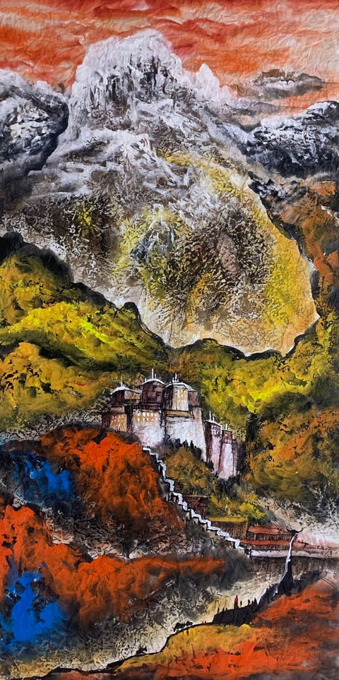 Highland Sanctuary in Autumn Splendor (Wang Hongwei) Semi-Xieyi Style Shanshui Painting 54.3" x 26.8"