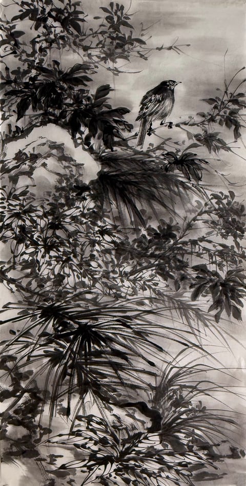 Perched Radiance: Ink Rhythm on Raw Xuan (Zheng Xuemei) Semi-Xieyi Style Flower-and-Bird Painting 54.3" x 26.8"(in)