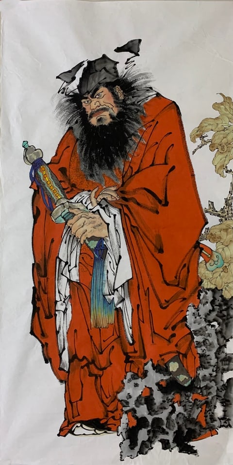 Zhong Kui: The Crimson Guardian Dispelling Malice (Liu Xu) Gongbi Style Figure Painting 54.3" x 26.8"