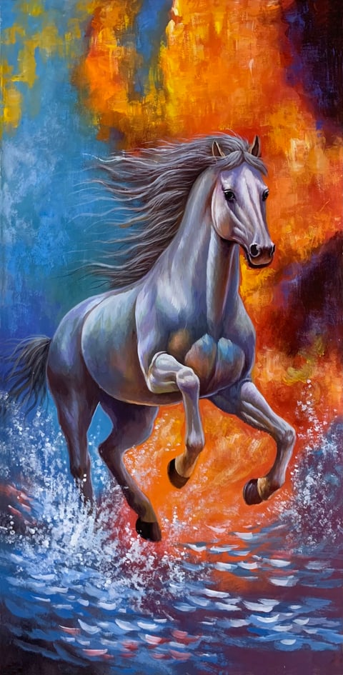 Empyrean Gallop: A Steed of Fiery Waters (Ye Guohua) Gongbi Style Animal Painting 54.3" x 26.8"