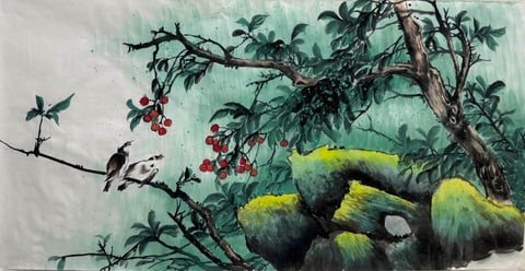 Vermilion Whispers on the Bough (Zheng Xuemei) Semi-Xieyi Style Flower-and-Bird Painting 54.3" x 26.8"(in)