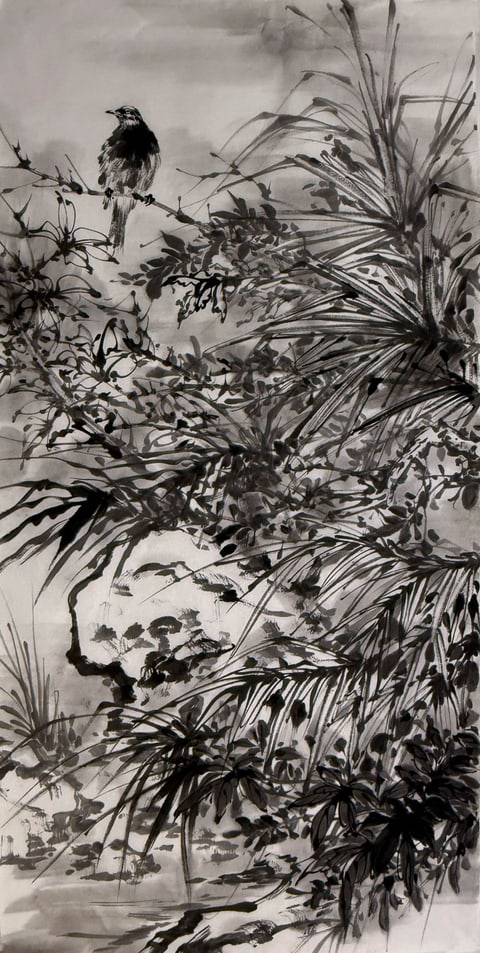 Perched Contemplation: Ink Rhythm on Raw Xuan (Zheng Xuemei) Semi-Xieyi Style Flower-and-Bird Painting 54.3" x 26.8"(in)