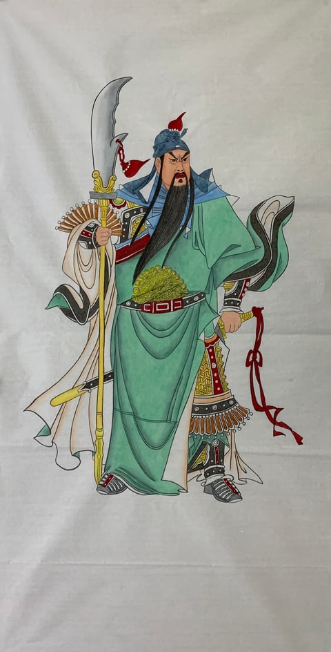 Guan Yu: The Emerald Warrior's Protective Grace (Shi Jing) Gongbi Style Figure Painting 54.3" x 26.8"