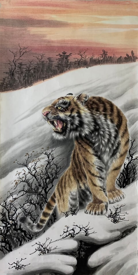 Crimson Sunset, Winter's Roar (Song Weiping) Semi-Xieyi Style Animal Painting 54.3" x 26.8"