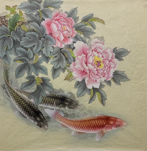 A Dance of Prosperity: Peonies and Brocade Carp (Wang Xiuying) Gongbi Style Animal Painting 26.8" x 26.8"