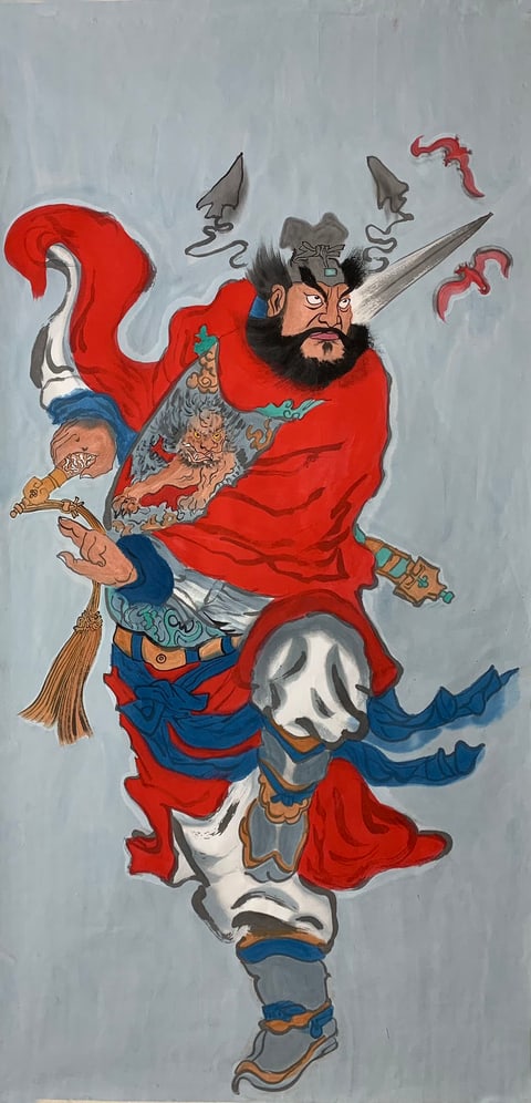 Crimson Protector's Vigil (Chen Shuai) Gongbi Style Figure Painting 54.3" x 26.8"