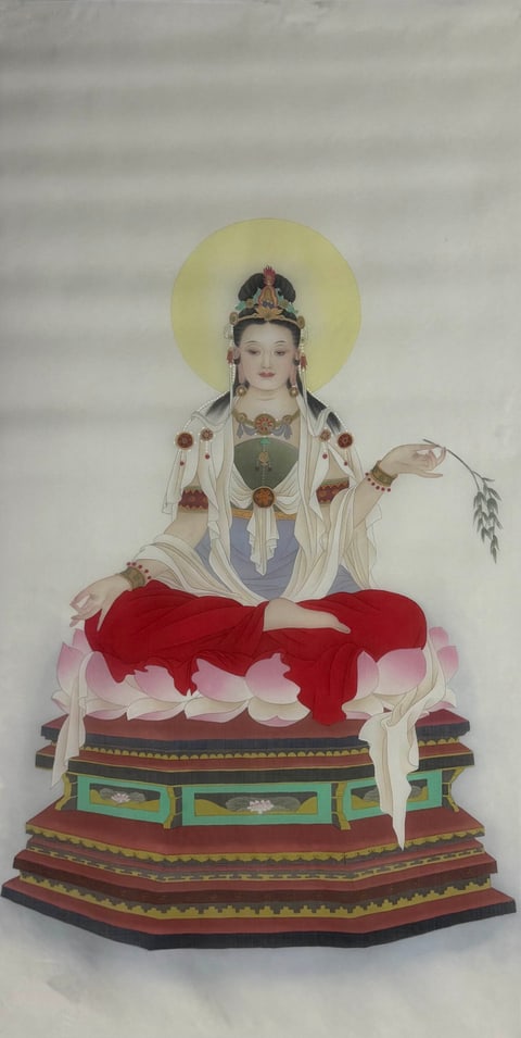 Divine Benediction: Willow-Bearing Guanyin on Lotus Throne (Xu Mengzhou) Gongbi Style Figure Painting 54.3" x 26.8"(in)