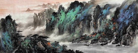 Autumn Valleys and Misty Boats (Yang Fanhang) Semi-Xieyi Style Shanshui Painting 70.9" x 27.6"(in)