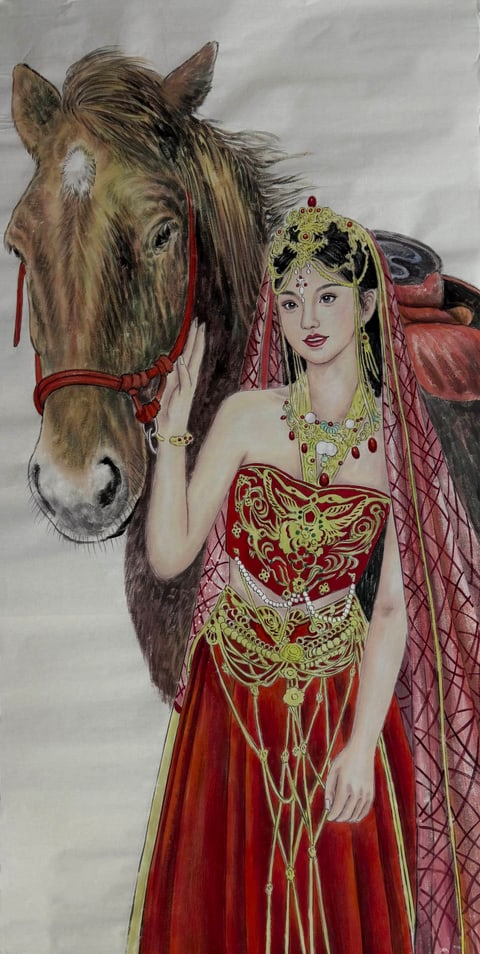 Crimson Gold and the Wind-Tamed Steed (Xu Ruobai) Gongbi Style Figure Painting 54.3" x 26.8"(in)