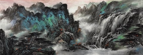 Emerald Veil and Cascade Falls (Yang Fanhang) Semi-Xieyi Style Shanshui Painting 70.9" x 27.6"(in)