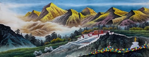 Golden Peaks, Azure Skies, and a Sacred Abode (Chen Zhiqiang) Semi-Xieyi Style Shanshui Painting 70.9" x 27.6"