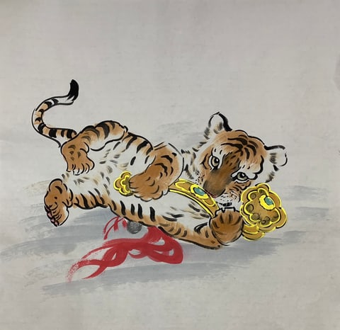 Golden Cub's Auspicious Play, Longevity and Prosperity (Wang Jianghe) Semi-Xieyi Style Animal Painting 26.8" x 26.8"