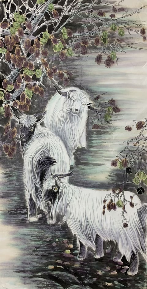 Jade Goats by Verdant Waters: A Blessing of Renewal and Prosperity (Song Weiping) Semi-Xieyi Style Animal Painting 26.8" x 17.7"