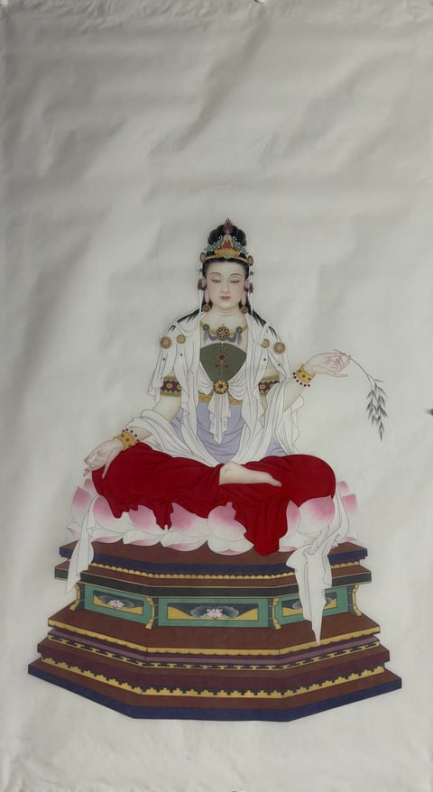 Sacred Serenity: Avalokitesvara with Willow in Lotus Realm (Xu Mengzhou) Gongbi Style Figure Painting 54.3" x 26.8"(in)