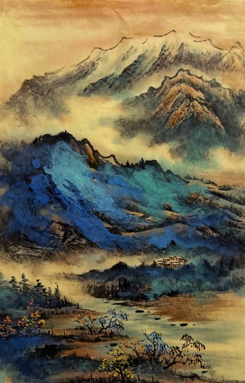 Emerald Peaks in Golden Haze (Zhang Sucheng) Semi-Xieyi Style Shanshui Painting 26.8" x 17.7"(in)