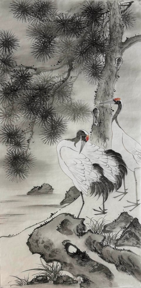Misty Sanctuary of Crane and Pine (Shen Xinyu) Semi-Xieyi Style Flower-and-Bird Painting 54.3" x 26.8"(in)
