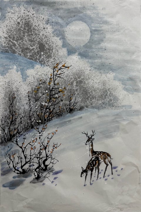 Moonlit Deer in Frosted Woods (Li Fuming) Semi-Xieyi Style Flower-and-Bird Painting 26.8" x 17.7"(in)