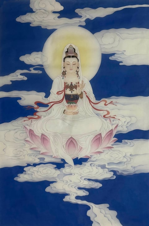 Fearless Guanyin Upon Lotus Throne (Xu Mengzhou) Gongbi Style Figure Painting 54.3" x 26.8"(in)