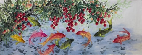 Lychee Stream of Abundance: A Prosperous Harvest (Song Weiping) Semi-Xieyi Style Animal Painting 70.9" x 27.6"