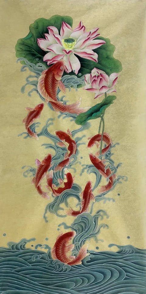 Nine Auspicious Koi Playing Among Lotus, Golden Waves of Fortune (Fu Chengzhi) Gongbi Style Flower-and-Bird Painting 54.3" x 26.8"
