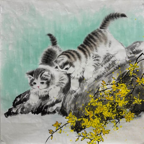 Whiskered Whispers: Cats Among Spring Blossoms (Su Yuqing) Gongbi Style Flower-and-Bird Painting 26.8" x 26.8"(in)