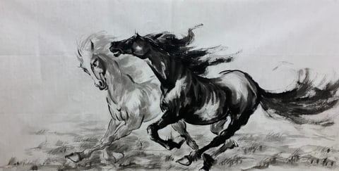 Galloping Harmony of Ink and Snow (Zhao Shuai) Semi-Xieyi Style Animal Painting 54.3" x 26.8"