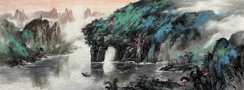 Archway to Serenity: Skiff Gliding Through Blossom Mist (Huang Meilin) Semi-Xieyi Style Shanshui Painting 70.9" x 27.6"(in)