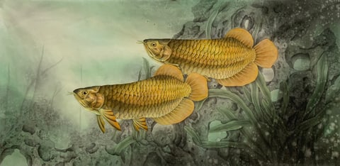 Golden Arowana Duo: Confluence of Treasure (Yu Guohua) Gongbi Style Flower-and-Bird Painting 54.3" x 26.8"