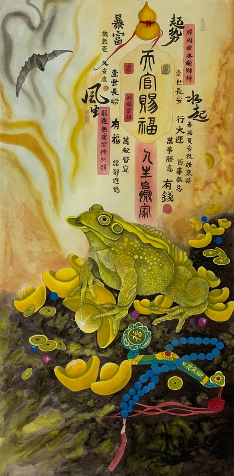 Auspicious Golden Toad: Harvester of Prosperity and Fortune (Hou Dong) Gongbi Style Animal Painting 54.3" x 26.8"