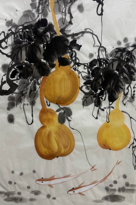 Gilded Melodies in Deep Waters (Wu Yantian) Semi-Xieyi Style Flower-and-Bird Painting 26.8" x 17.7"(in)