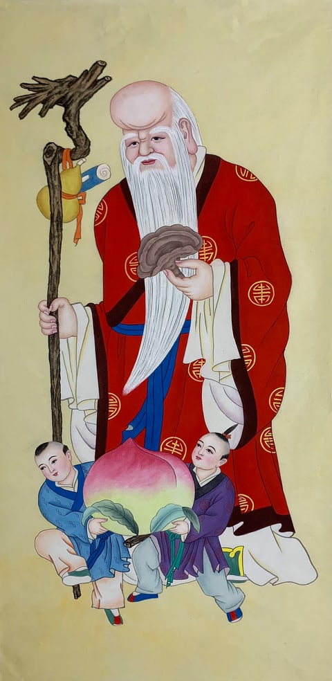 Auspicious Longevity: The Star God with Immortal Children Presenting Blessings (Qiu Wenchang) Gongbi Style Figure Painting 54.3" x 26.8"