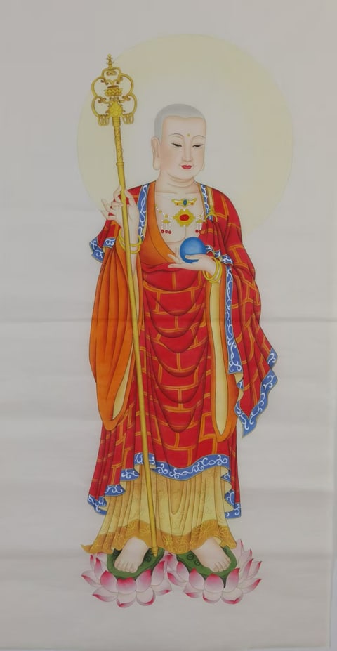 Ksitigarbha's Radiant Compassion on Lotus Pedestal (Tang Guangyi) Gongbi Style Figure Painting 54.3" x 26.8"